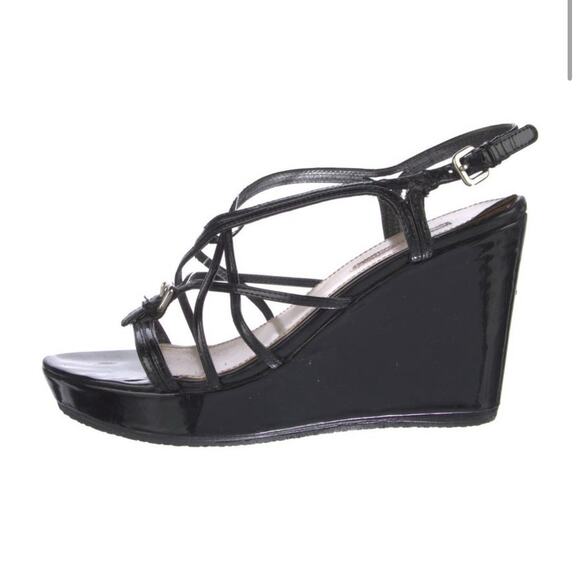 Authentic PRADA Black Patent Leather Strappy Wedge Sandals Size 10 - Picture 3 of 5